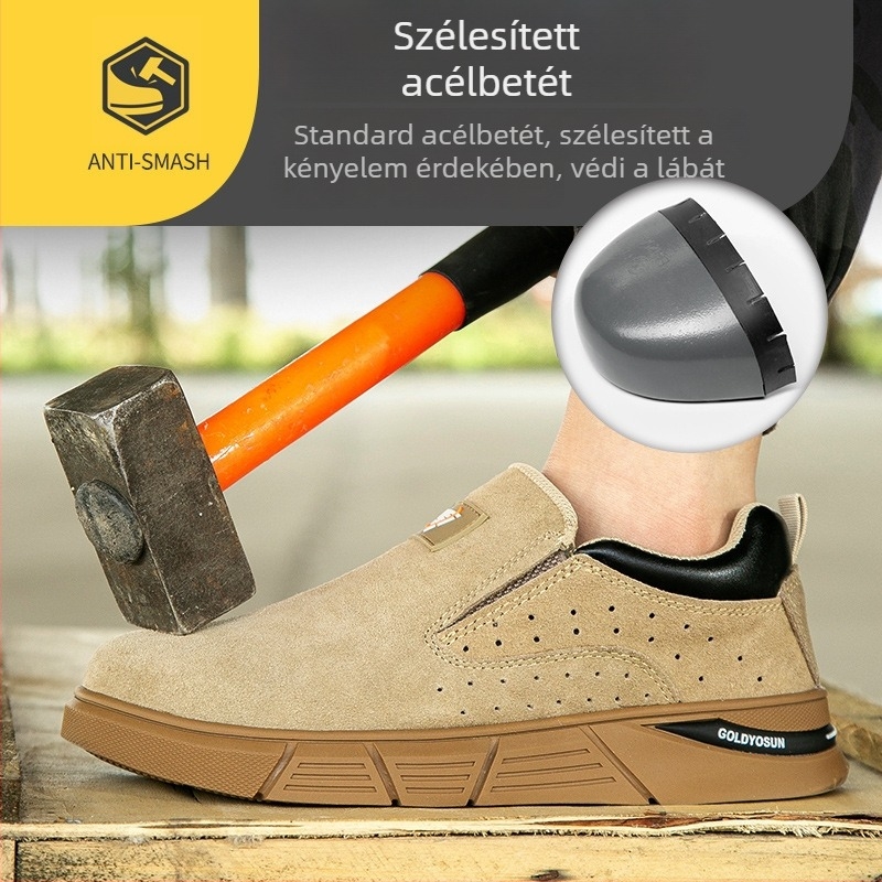 Férfiaknak szóló alacsony profilú munkavédelmi cipő, nyári könnyű és légáteresztő, acél orral, ütés- és perforáció elleni védelemmel.