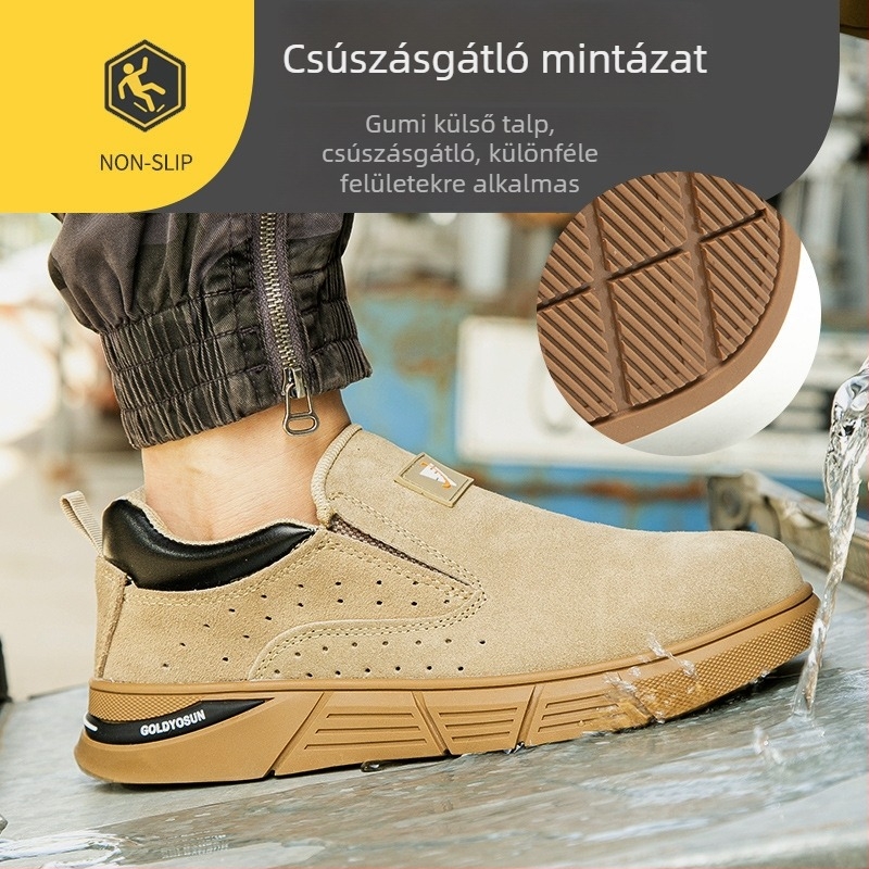 Férfiaknak szóló alacsony profilú munkavédelmi cipő, nyári könnyű és légáteresztő, acél orral, ütés- és perforáció elleni védelemmel.