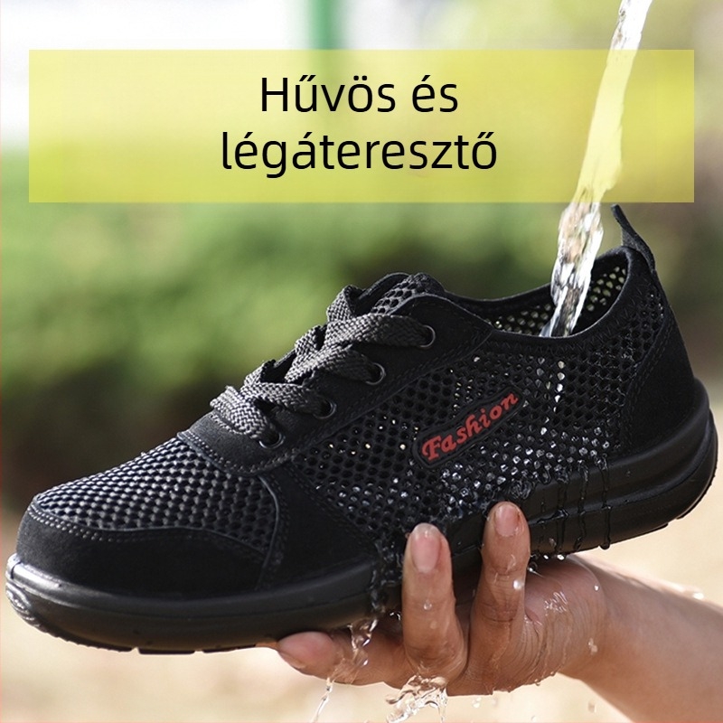 Férfi nyári lélegző munkavédelmi cipő acélorrvédővel, könnyű, ütés- és perforációálló, kopásálló és csúszásmentes