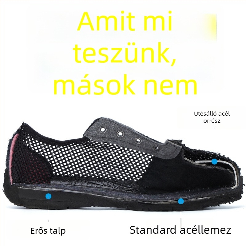 Férfi nyári lélegző munkavédelmi cipő acélorrvédővel, könnyű, ütés- és perforációálló, kopásálló és csúszásmentes