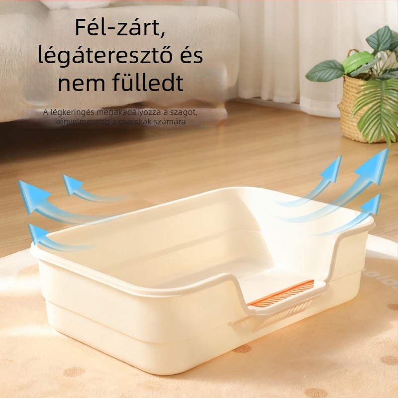 Nagy méretű, szélesített és vastagodott félzárt macskaalom-tálca felnőtt macskáknak és cicáknak, fröccsenés elleni védelem