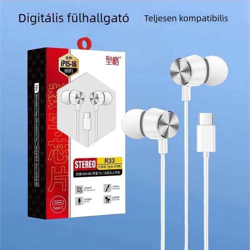Vezetékes, in-ear fejhallgató, kiváló hangminőség, Type-C, digitális basszus, Huawei és Xiaomi kompatibilis