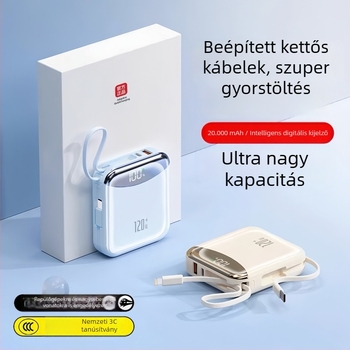 Új 3C-tanúsítvánnyal rendelkező 120W gyors töltésű power bank beépített kábellel, 20000mAh, nagy kapacitású