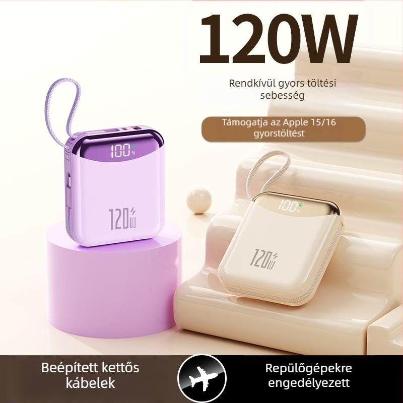 Új 3C-tanúsítvánnyal rendelkező 120W gyors töltésű power bank beépített kábellel, 20000mAh, nagy kapacitású