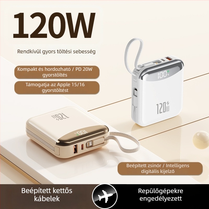 Új 3C-tanúsítvánnyal rendelkező 120W gyors töltésű power bank beépített kábellel, 20000mAh, nagy kapacitású