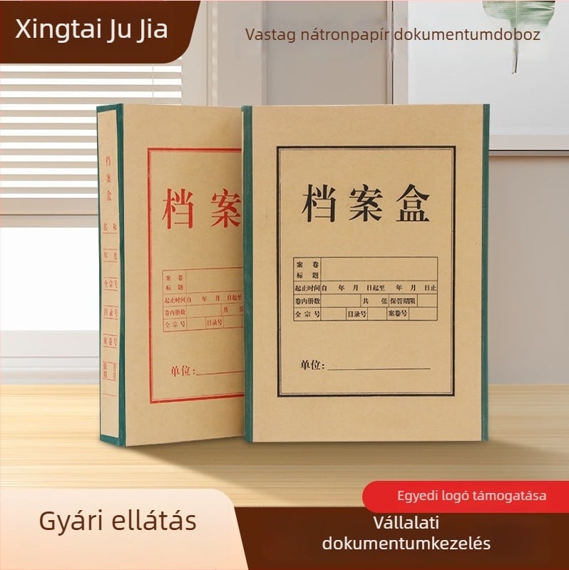 A4 irattartó doboz vastagított kraftpapírból, nedvességálló és ütésálló, méretek 31,5×22,5 cm, mélység 4–5 cm, 500 g
