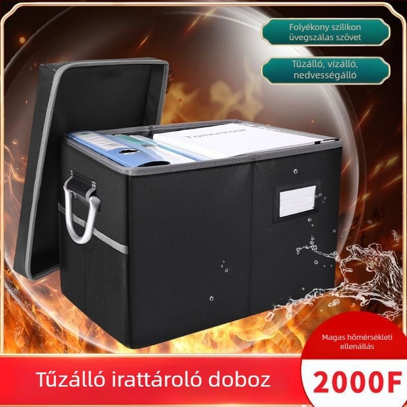 Egyszintes tűzálló és vízálló irattartó doboz dokumentumokhoz és háztartási regisztrációs könyvhöz, méretei 43×32×27 cm