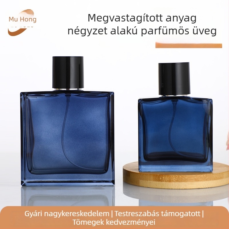 Kék üvegű parfümös palack permetezővel és kupakkal, 50 ml és 100 ml – hordozható üres palack