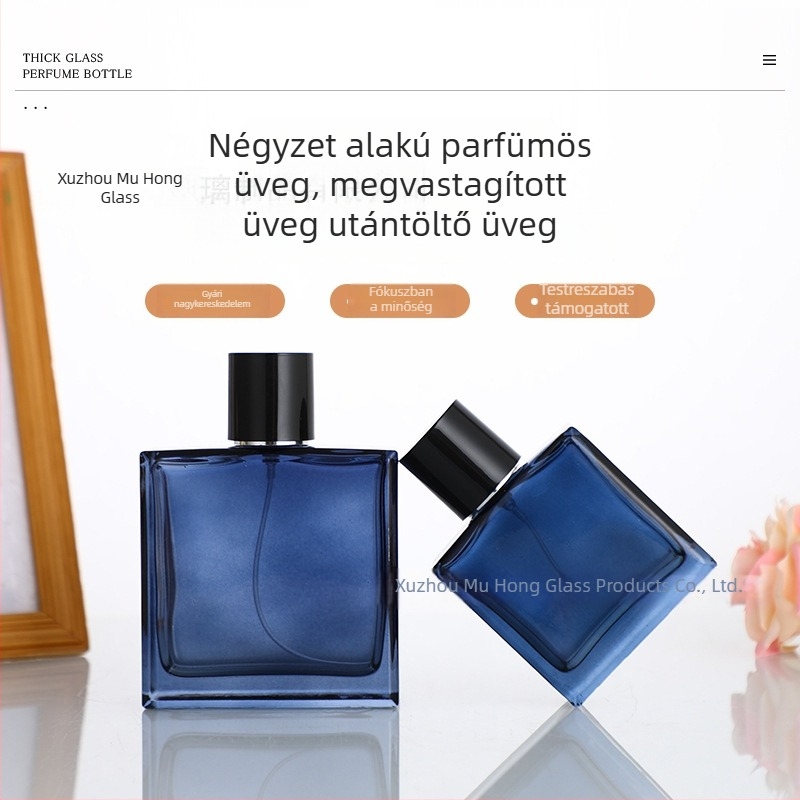 Kék üvegű parfümös palack permetezővel és kupakkal, 50 ml és 100 ml – hordozható üres palack