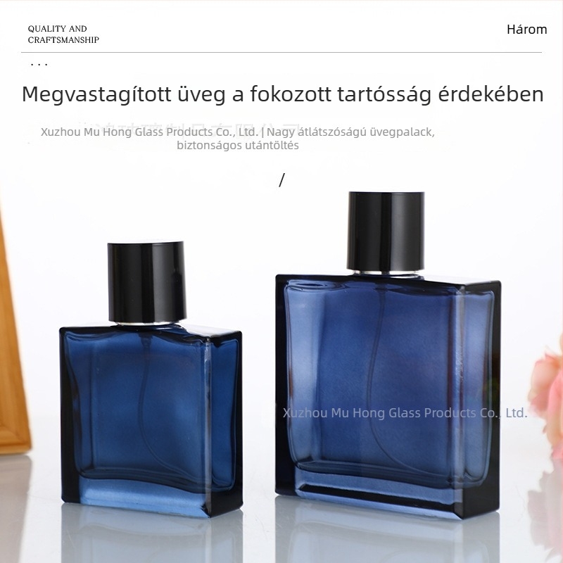 Kék üvegű parfümös palack permetezővel és kupakkal, 50 ml és 100 ml – hordozható üres palack