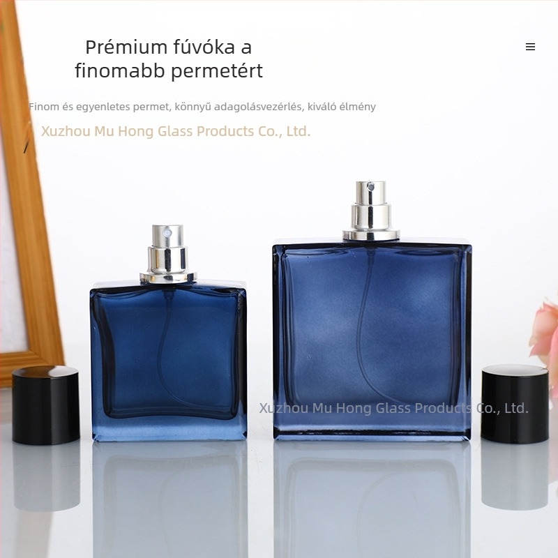 Kék üvegű parfümös palack permetezővel és kupakkal, 50 ml és 100 ml – hordozható üres palack