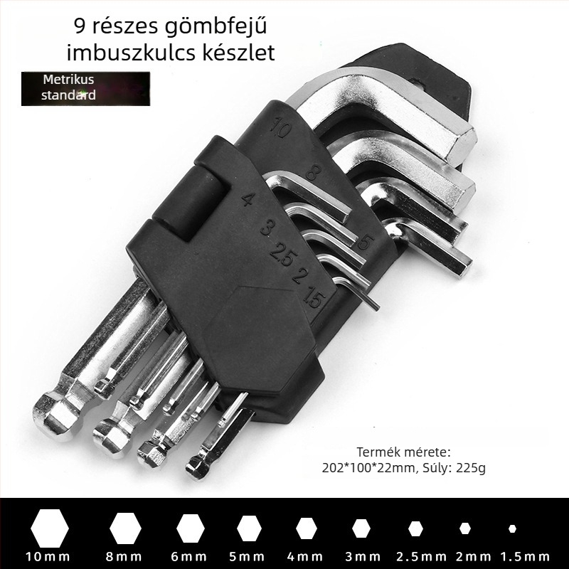 9 darabos belső hatszög kulcs készlet síkfejű és gömb végű, galvanizált szénacél