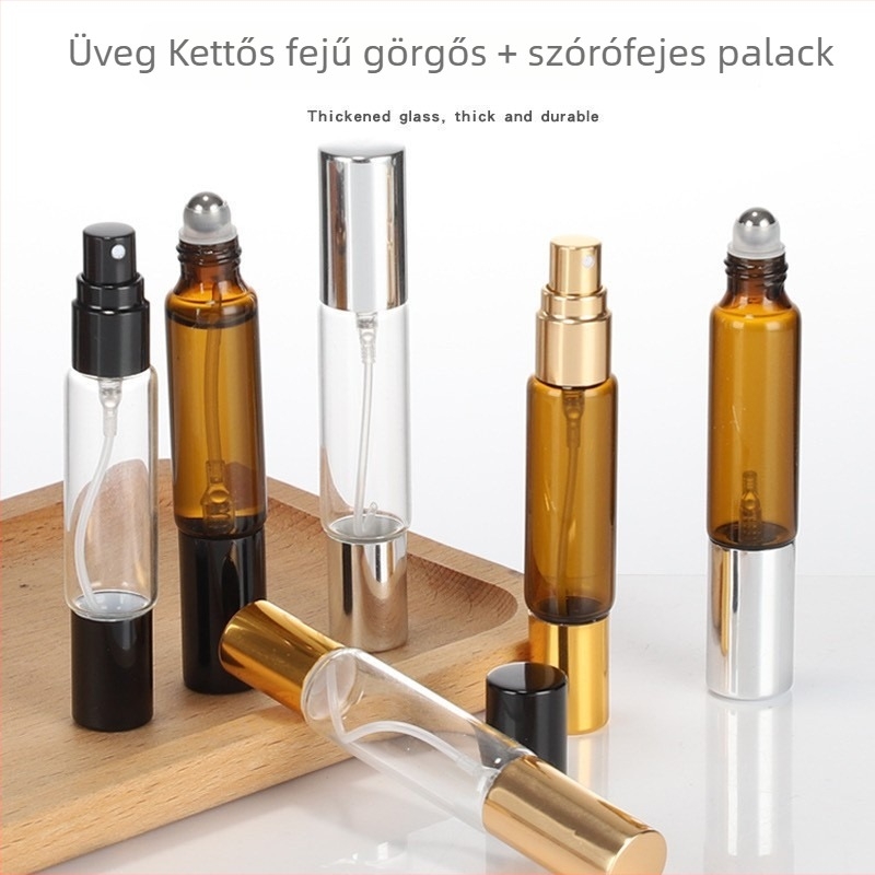Kétfejű golyós rolleres permetező palack, üres üveg kozmetikai mintákhoz, parfümhöz és illóolajokhoz, matt felület