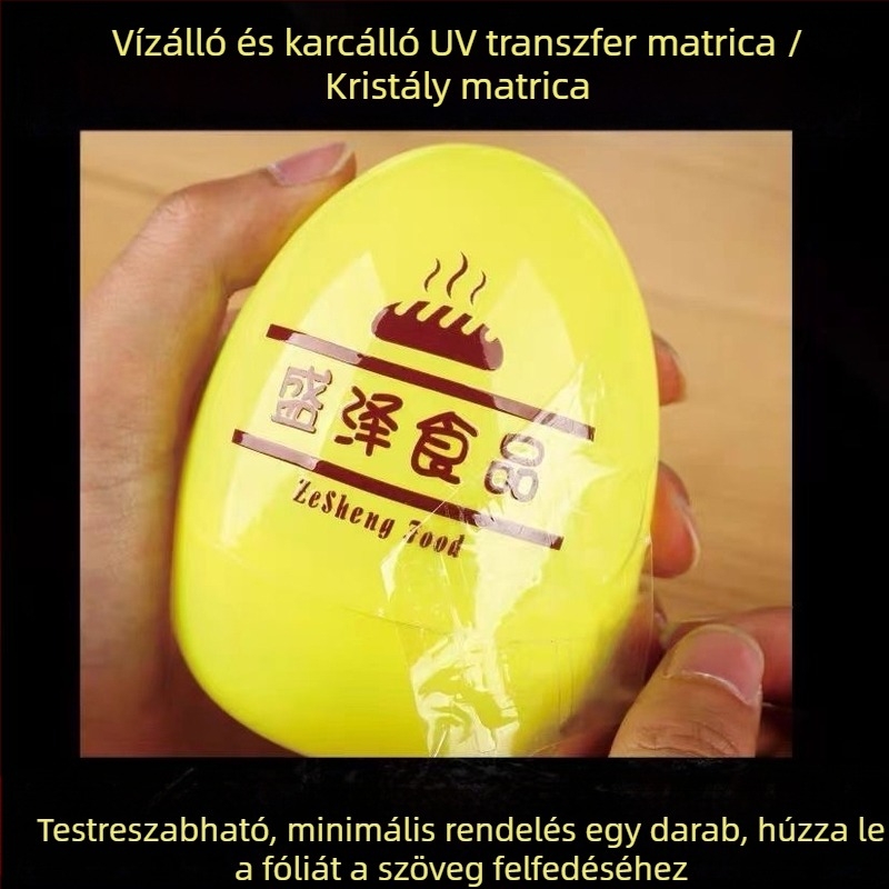 Kristály UV-transzfer címke lehúzható filmmel és szöveggel, céglogóval, vízálló PVC szitanyomott címke