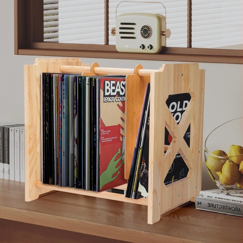 Fából készült asztali tároló polc vinil lemezekhez, könyvekhez és magazinokhoz elválasztókkal