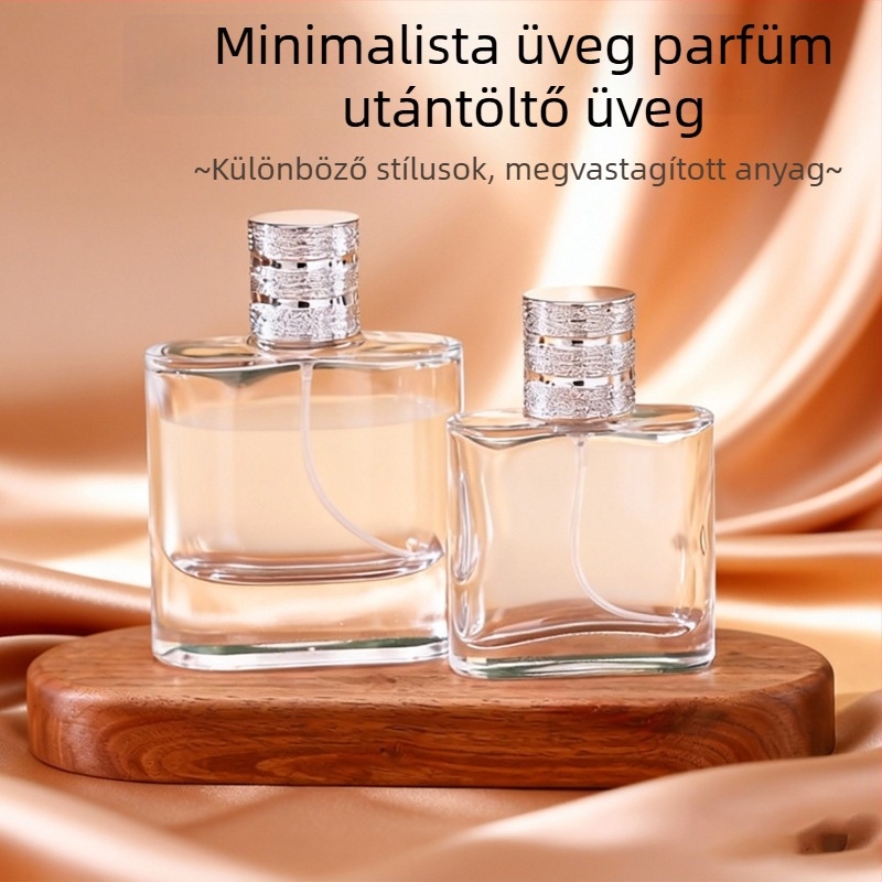 30 ml/50 ml magas minőségű négyszögletes parfüm-utántöltő üveg – hordozható, nagy kapacitású, üvegből készült permetező