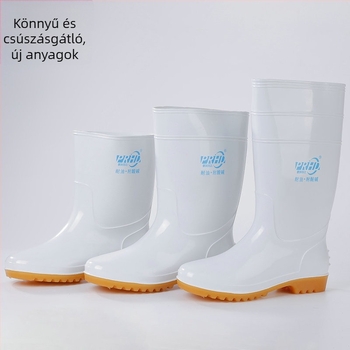 PVC vízálló lábbeli, magas esőcsizma konyhai és élelmiszeripari munkára, csúszásmentes, olajálló, higiénikus, kopásálló és védő.