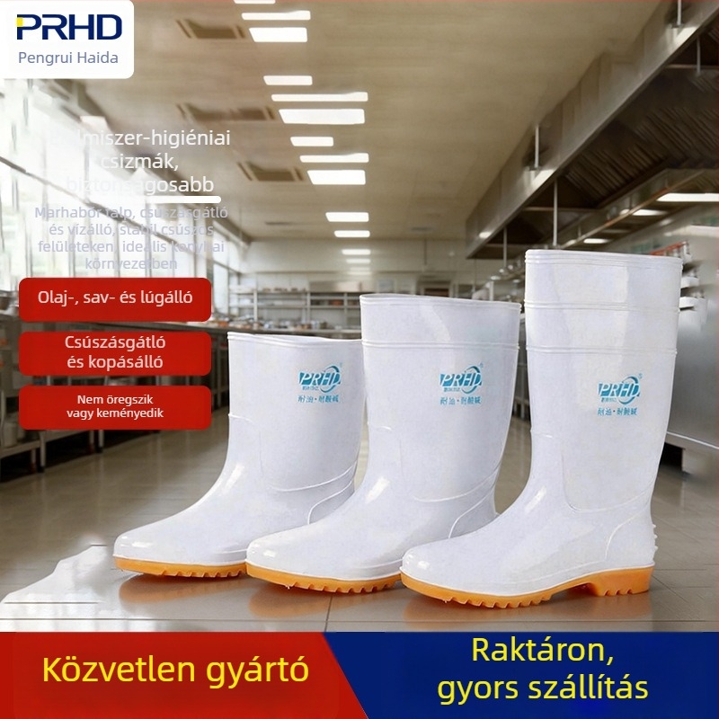 PVC vízálló lábbeli, magas esőcsizma konyhai és élelmiszeripari munkára, csúszásmentes, olajálló, higiénikus, kopásálló és védő.