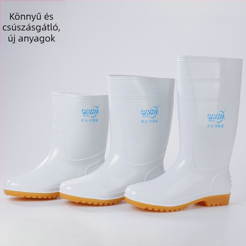 PVC vízálló lábbeli, magas esőcsizma konyhai és élelmiszeripari munkára, csúszásmentes, olajálló, higiénikus, kopásálló és védő.