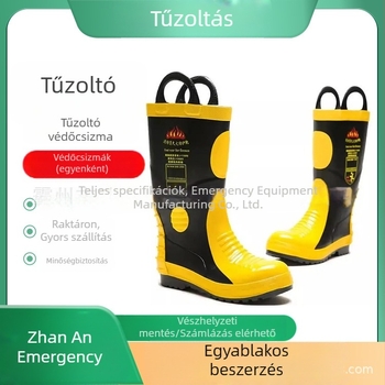 Magas szárú tűzoltóvédő bakancsok, gumi anyagból, vízálló és hőálló, erdői mentési bevetésekhez