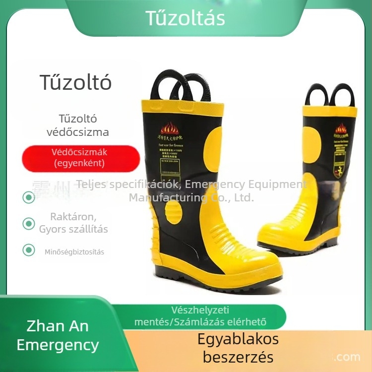 Magas szárú tűzoltóvédő bakancsok, gumi anyagból, vízálló és hőálló, erdői mentési bevetésekhez