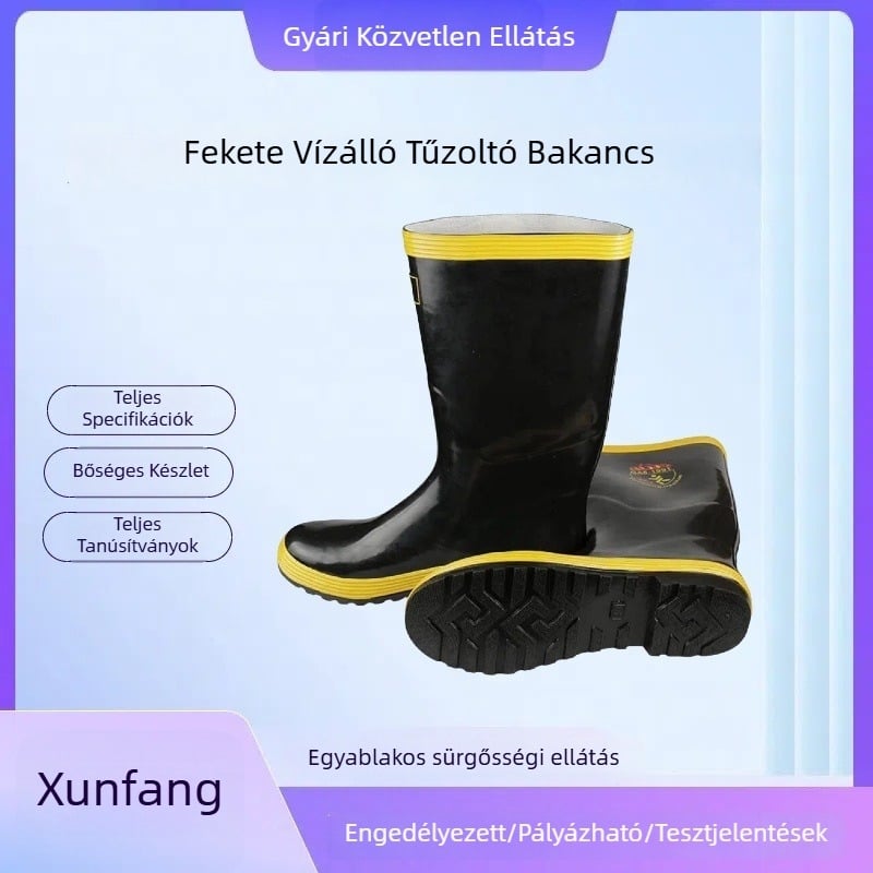 Fekete tűzoltó gumicsizmák, vízálló, védő harci csizmák, ütés- és perforációállósággal