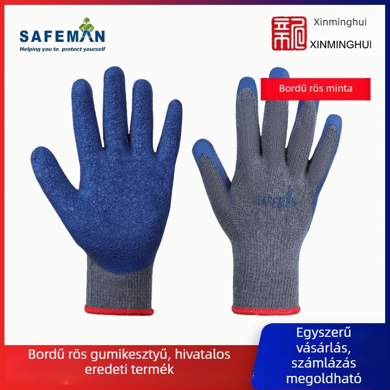 SAFEMAN Junyu 7112 Texturált fonalból készült kesztyűk, szürke fonal, kék mártott bevonattal, vágásbiztos munkavédelmi kesztyű