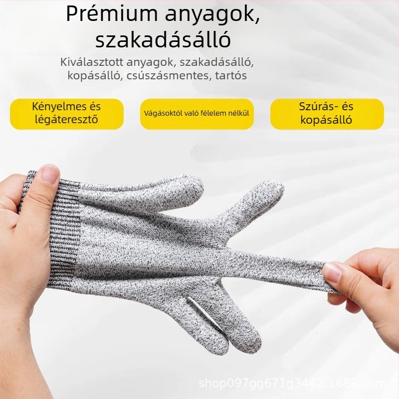 5-ös szintű vágásvédő kesztyűk, kopásállóak és lélegzőek, gép- és fém- és üvegfeldolgozásra.