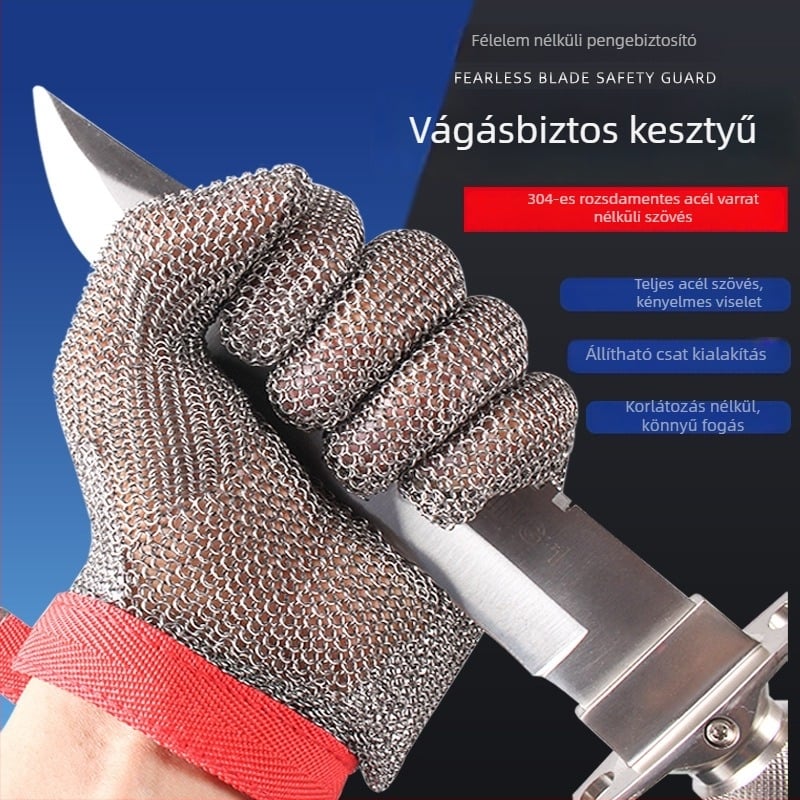 Rozsdamentes acél vágásbiztos kesztyűk, ötujjas, acélgyűrűvel, tartósak, kopásállóak, csúszásmentesek, perforáció ellenálló kesztyűk