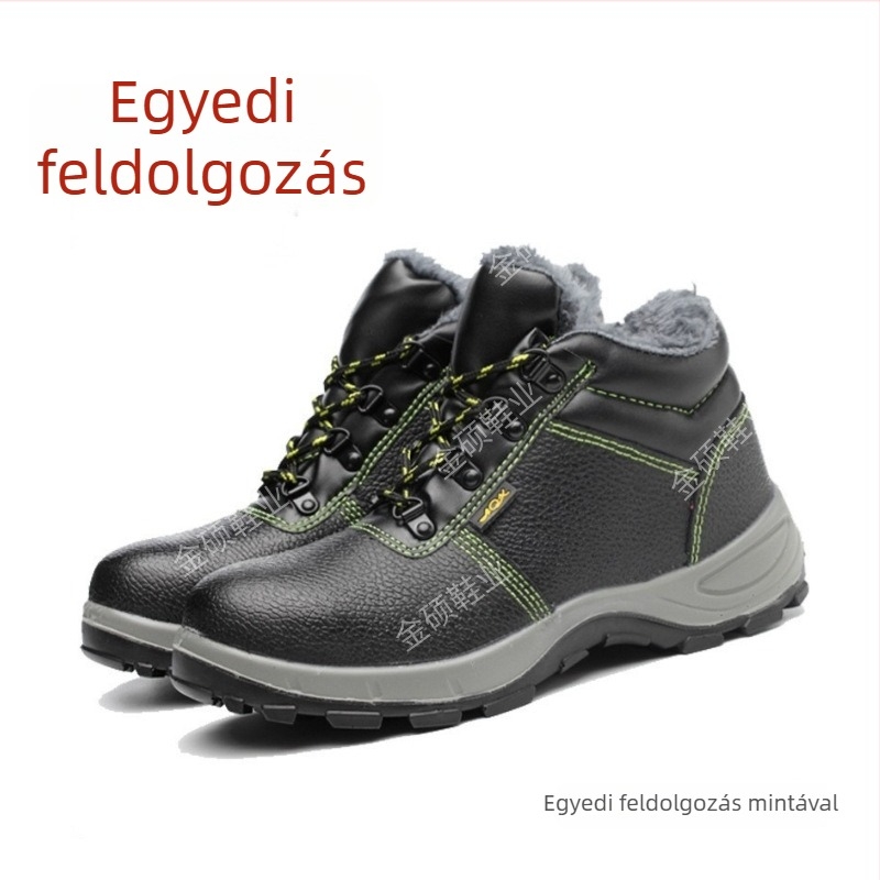 Egyedi vastag téli munkavédelmi bakancs fleece belsővel, marhabőrből, perforáció és ütés elleni védelem, meleg, egyedi logóval