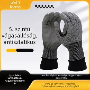 PU bevonat vágásálló kesztyű, kopásálló, csúszásmentes, megerősített tenyérrel, EN 388 szint 5 vágásvédelem, nyomtatható felület