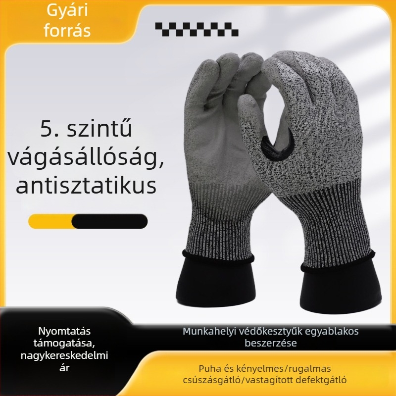 PU bevonat vágásálló kesztyű, kopásálló, csúszásmentes, megerősített tenyérrel, EN 388 szint 5 vágásvédelem, nyomtatható felület
