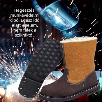 Magas szárú munkavédelmi bakancs, hőálló és szikravédett, acélorrú orral, perforációálló, bőrből
