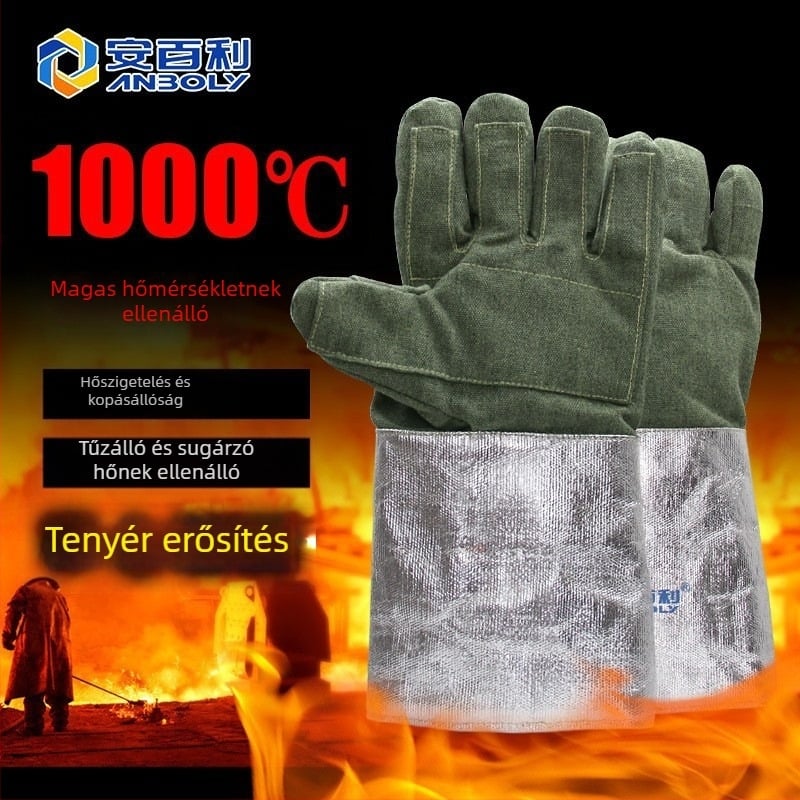 Ambury ABL-S515 Magas hőmérsékletű kesztyű alumíniumfóliával kovácsoláshoz és olvasztáshoz – 1000°C izoláció, szikráálló védelem, vágás- és kopásálló