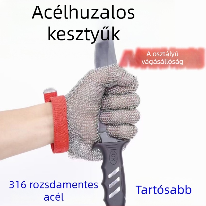 Vágásbiztos acélháló kesztyű védő acélgyűrűkkel, 316 rozsdamentes acélból, vágási és veszélyes feladatokra, halak kezelése