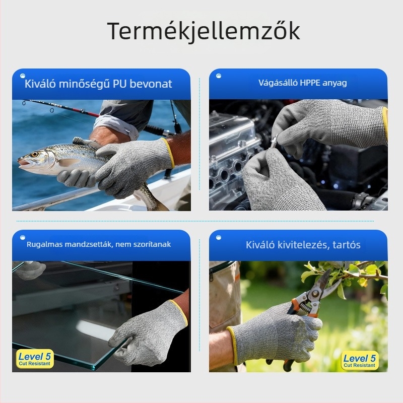 Egyedi PU vágásbiztos kesztyűk 5-ös szintű kertészkedéshez és horgászathoz, kopásálló és karcolásálló