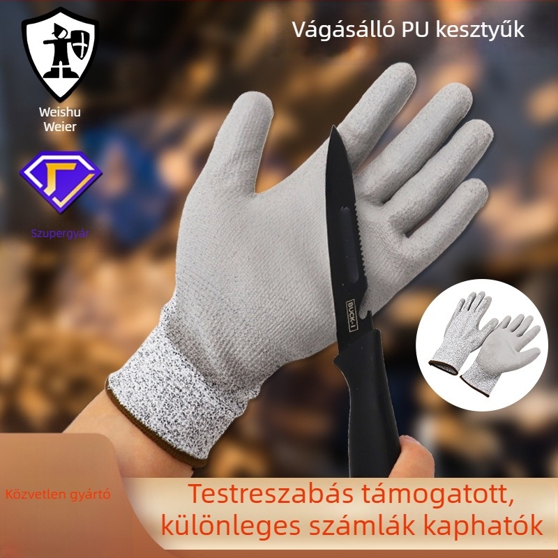 Guard Weier PU vágásálló kesztyűk, szürke PU bevonat tenyérrel, kopásálló és csúszásgátló, üvegiparban, gépkezelésben, az autóiparban és elektronikai szerelésben.