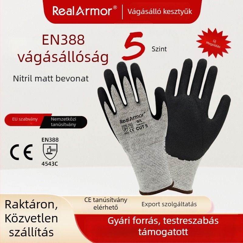 CE-tanúsított EN 388 vágásvédelmi kesztyű, 5. szint, nitril matt bevonat, csúszásmentes, kopásálló
