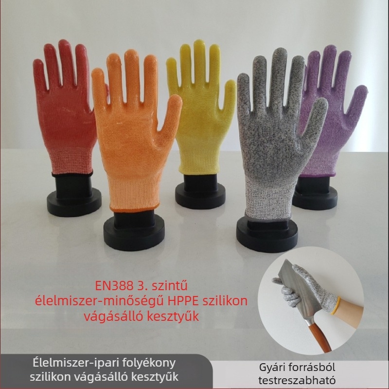 De yan FDA‑által védett vágásálló kesztyűk, élelmiszer-minőségű folyékony szilikon, HPPE + szilikon-gél, élelmiszer- és laboratóriumi használatra
