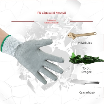 PU-bevonatú HPPE 5-ös szintű vágásbiztos kesztyűk, tenyéren fedett, kopásálló, kertészeti és építőipari feladatokra