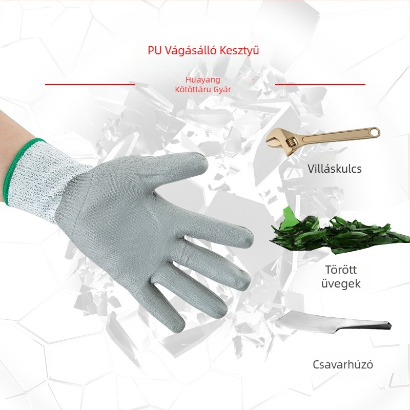 PU-bevonatú HPPE 5-ös szintű vágásbiztos kesztyűk, tenyéren fedett, kopásálló, kertészeti és építőipari feladatokra