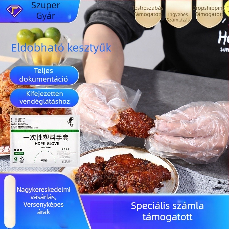 Egyszer használatos kesztyűk, élelmiszer-minőségű, vastag PE, átlátszó, kereskedelmi célokra
