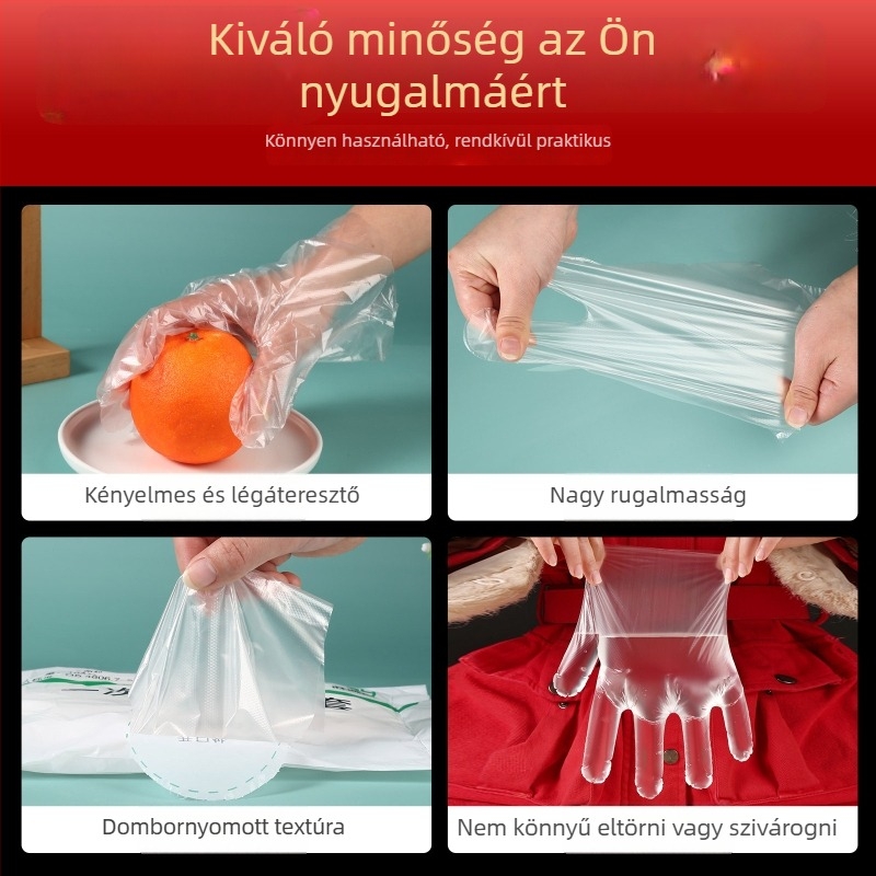 Egyszer használatos kesztyűk, élelmiszer-minőségű, vastag PE, átlátszó, kereskedelmi célokra