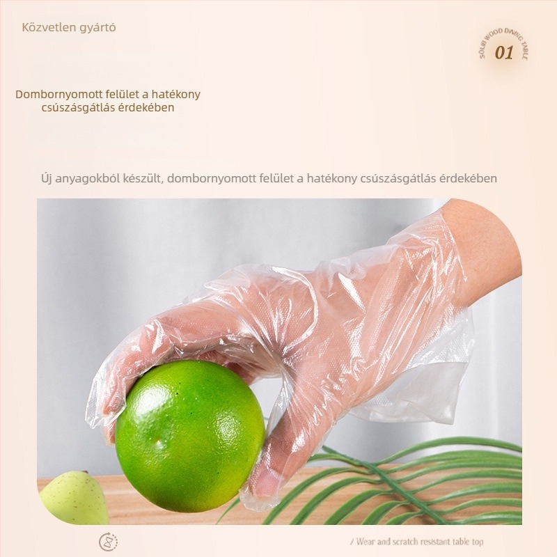 Egyszer használatos átlátszó műanyag kesztyűk, élelmiszer-minőségű, vastagított, catering és háztartási használatra, PE, vastagság 0,05–0,1 mm, méretek S–XL