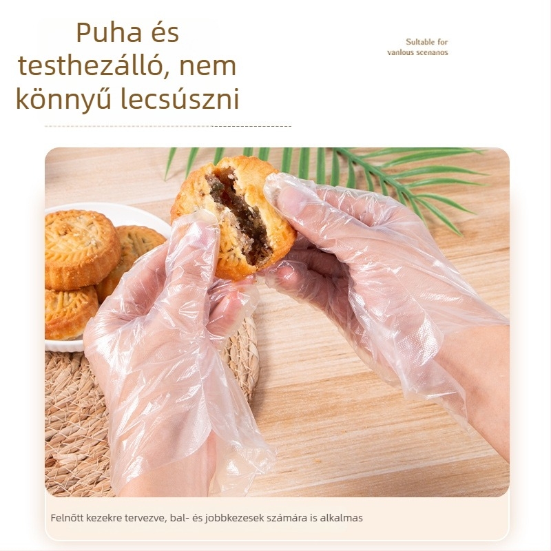 Egyszer használatos átlátszó műanyag kesztyűk, élelmiszer-minőségű, vastagított, catering és háztartási használatra, PE, vastagság 0,05–0,1 mm, méretek S–XL