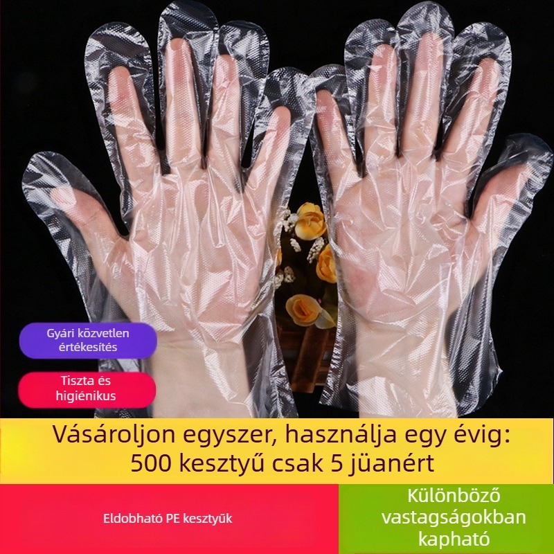 Egyszer használatos, vastagított kesztyűk, élelmiszer-minőségűek, cateringhez és kiszállításhoz, átlátszó PE, vízálló, csúszásmentes, kozmetikai felhasználásra
