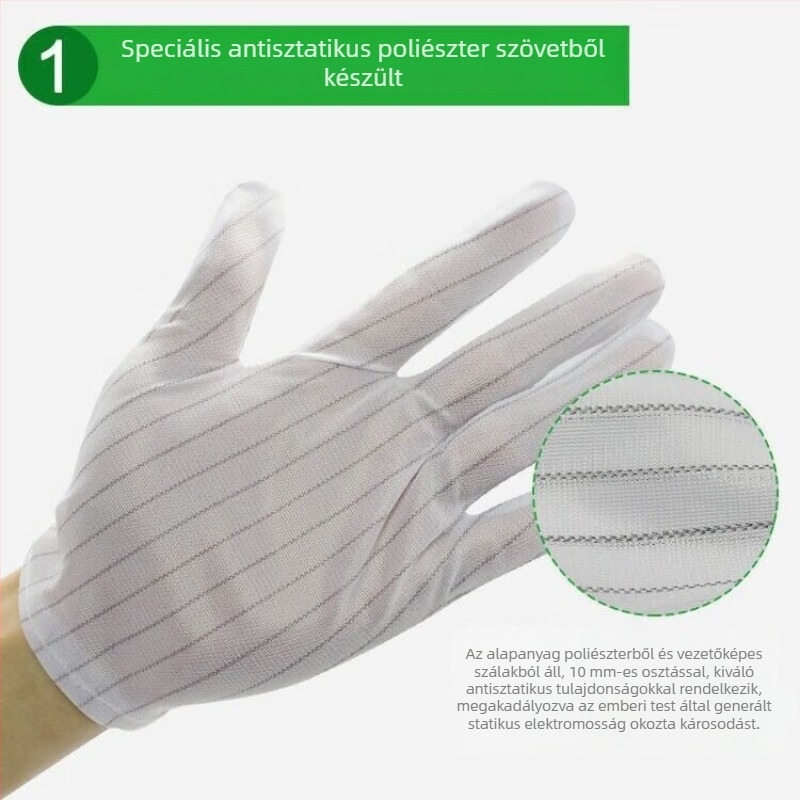 Antisztatikus csíkos kesztyűk elektronikai gyártáshoz tisztatérben, ötujjas porvédett kesztyű
