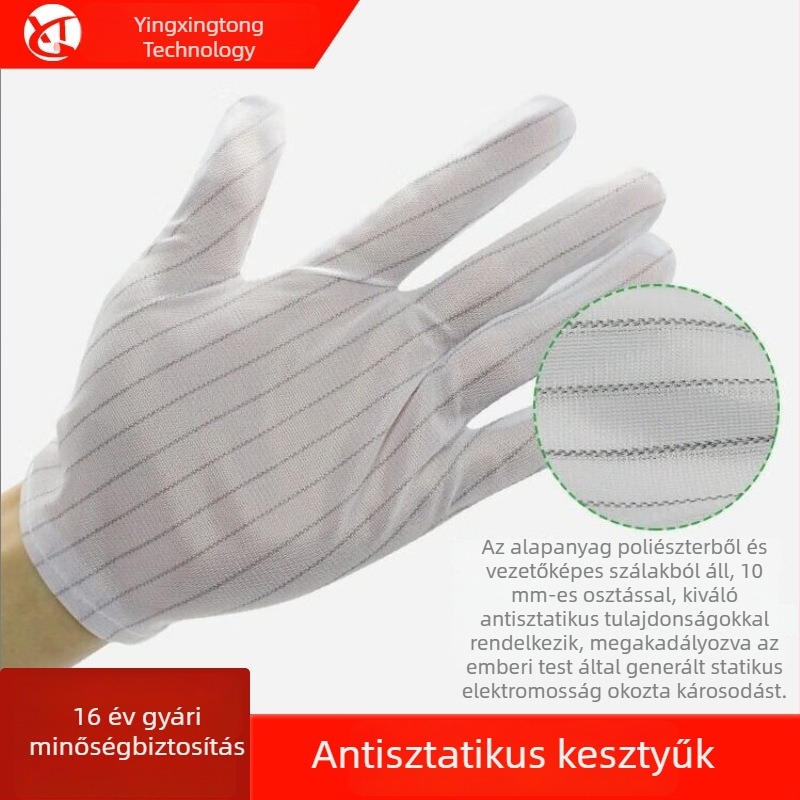Antisztatikus csíkos kesztyűk elektronikai gyártáshoz tisztatérben, ötujjas porvédett kesztyű