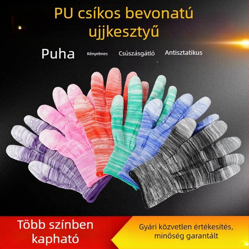 PU bevonatú nejlon kesztyűk, könnyű nyári modell, ujjak hegyével bevont, antistatikus védelemmel elektronikai összeszereléshez