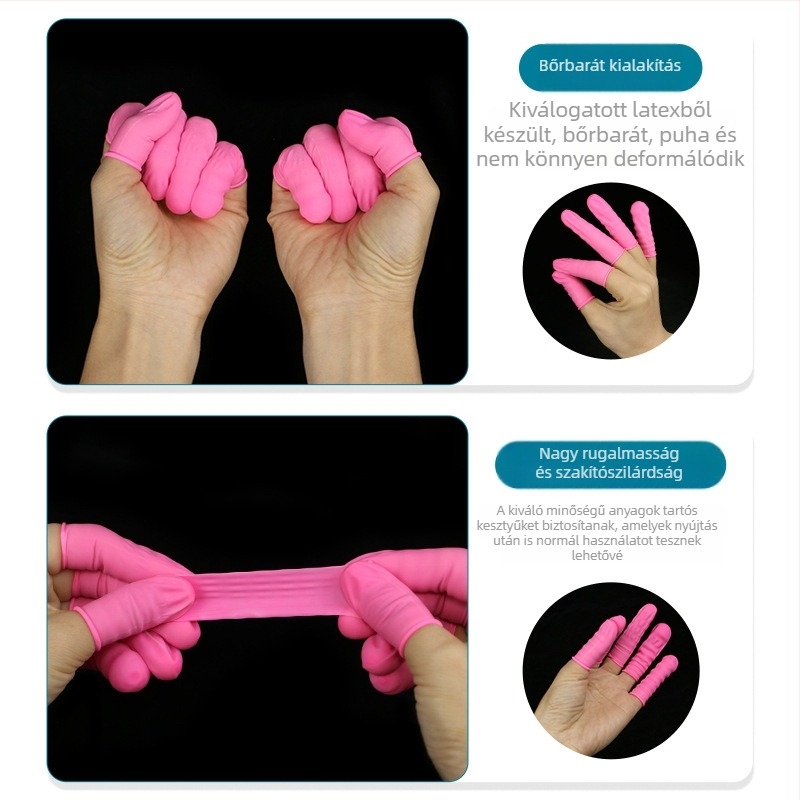 Antisztatikus, egyszer használatos rózsaszín latex ujjvédő, pormentes, vízálló, kopásálló, méret M, hossz 7.5–8.5 cm, vastagság 0.14 mm